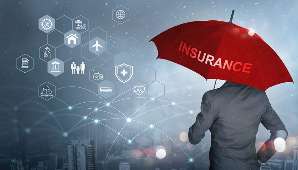 Concept of translating insurance documents — man holding an unbrella with the word "Insurance" looking at insurance options.