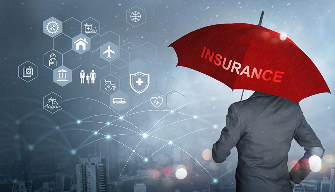 Concept of translating insurance documents — man holding an unbrella with the word "Insurance" looking at insurance options.