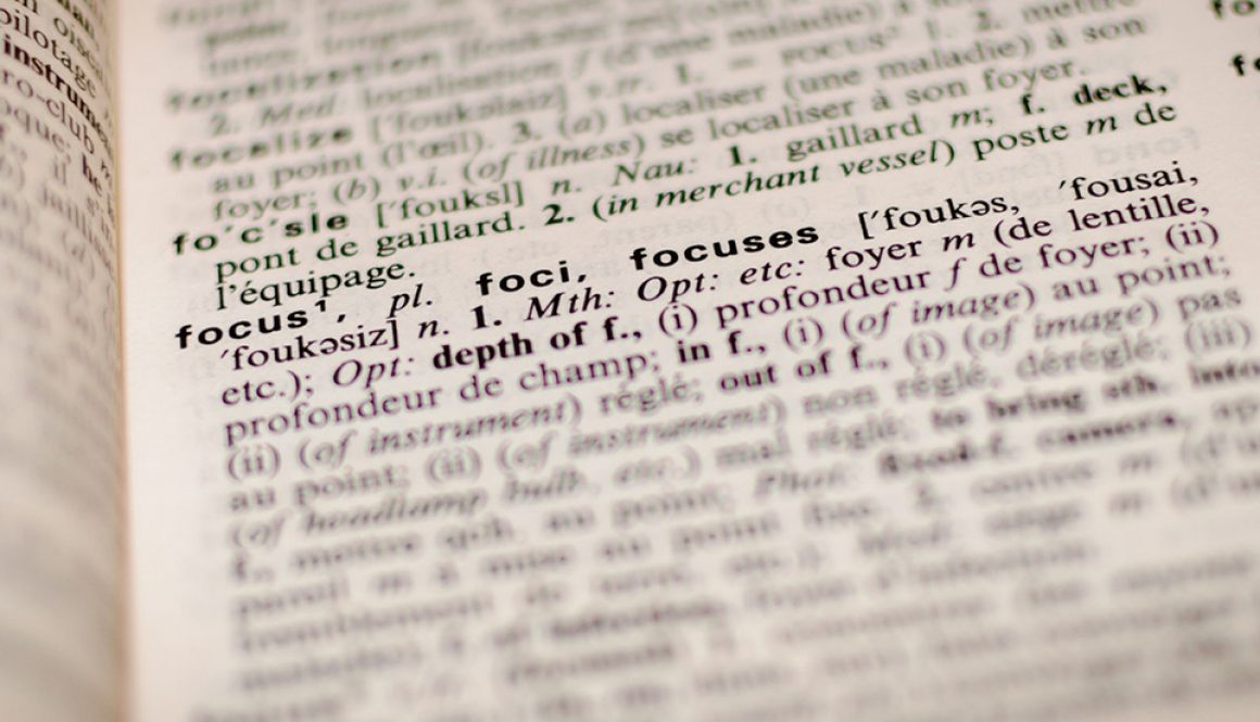 Close of a dictionary, artfully showing text.