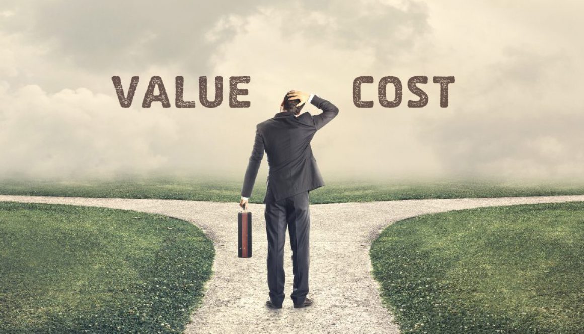 Businessman at a crossroads, choosing between translation cost and value